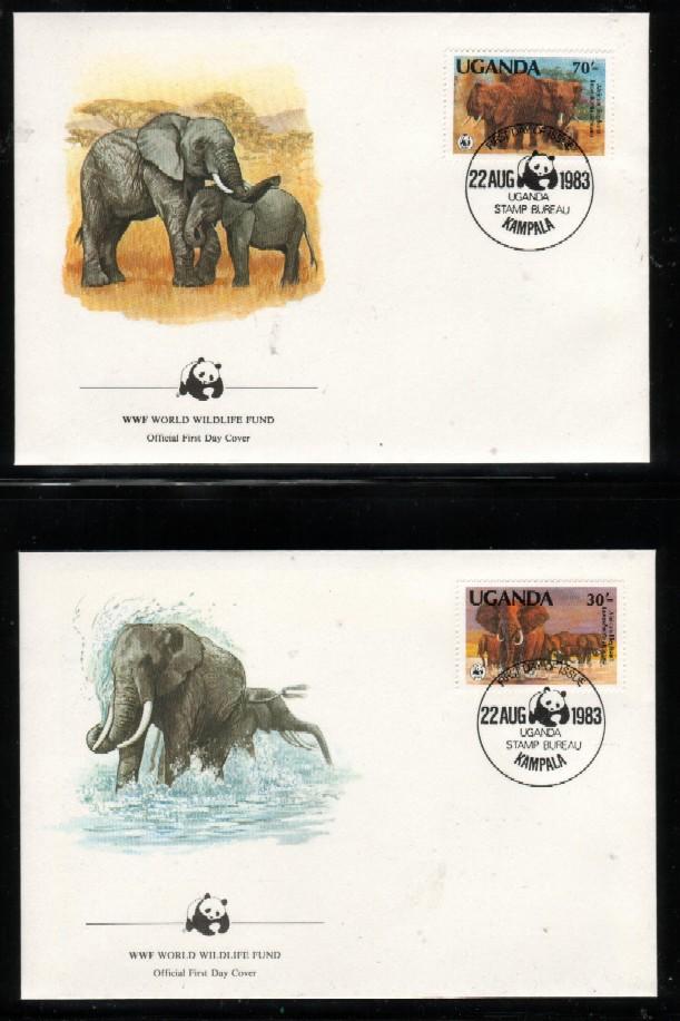 WWF 0004 1983 UGANDA AFRICAN ELEPHANTS LOXODONTA AFRICANA SET OF 4 FDCS KAMPALA PANDA BEAR CANCEL 22 AUG 1983 - Elefanten