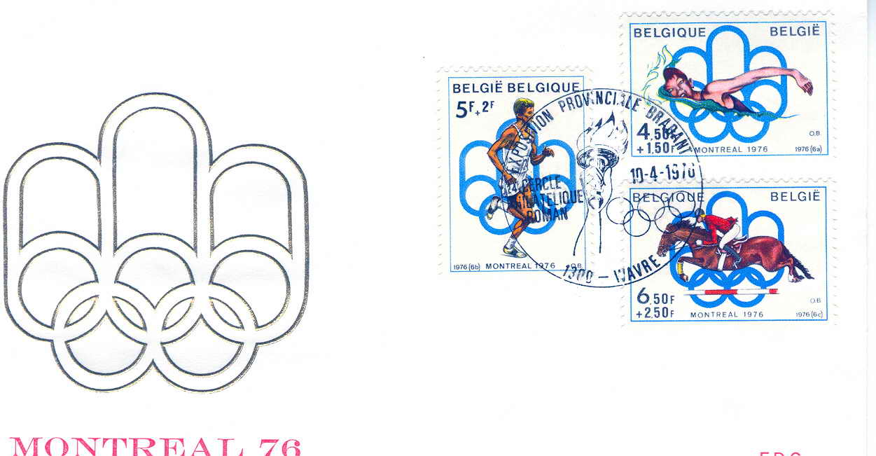 HIPPISME FDC BELGIQUE 1976 JEUX OLYMPIQUES DE MONTREAL COURSE, NATATION ET HIPPISME - Hippisme