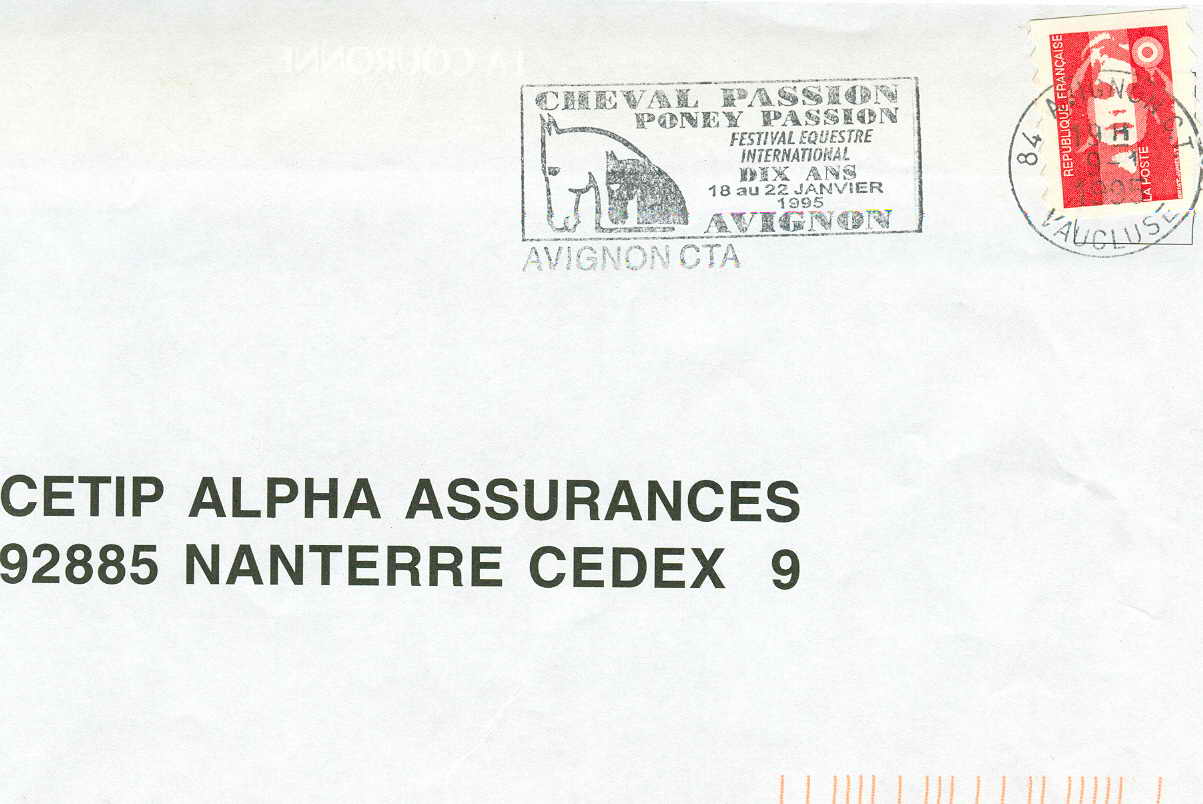 HIPPISME OBLITERATION TEMPORAIRE FRANCE AVIGNON 1995 CHEVAL PASSION - Hípica