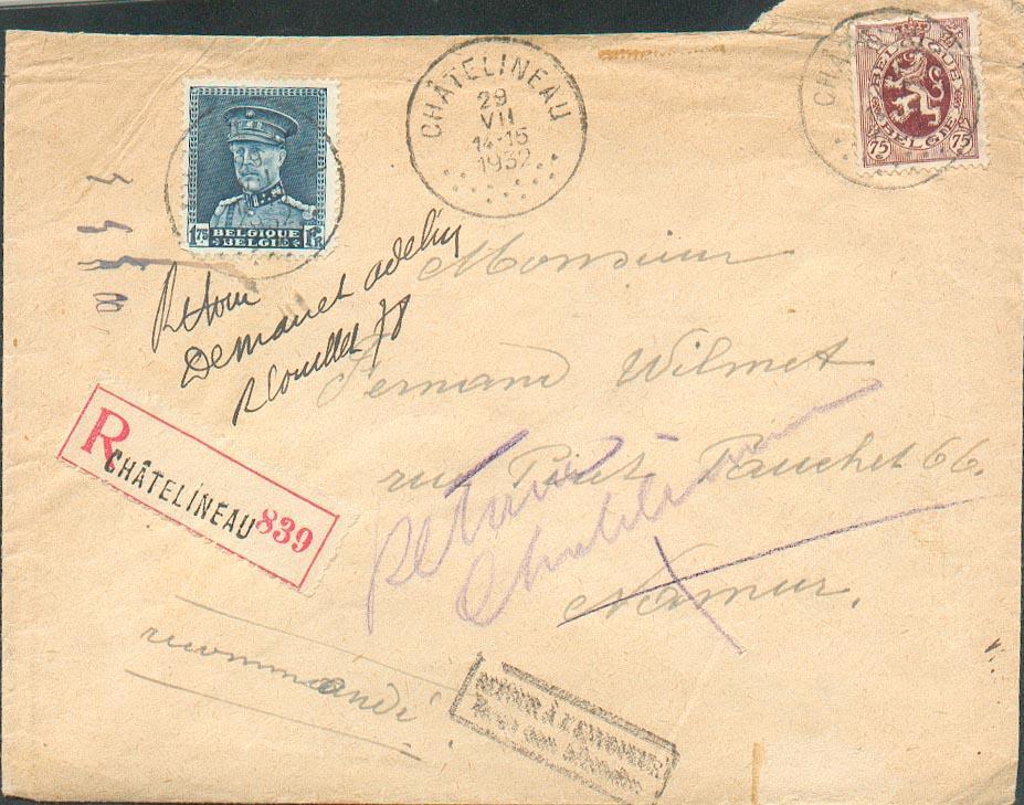 N°288A-320 Obl. Sc CHATELINEAU S/L. Recommandée Du 29-VII-1932 Vers Namur (biffé) + Gr. Retour à L´Env. -- 1093 - 1931-1934 Chepi