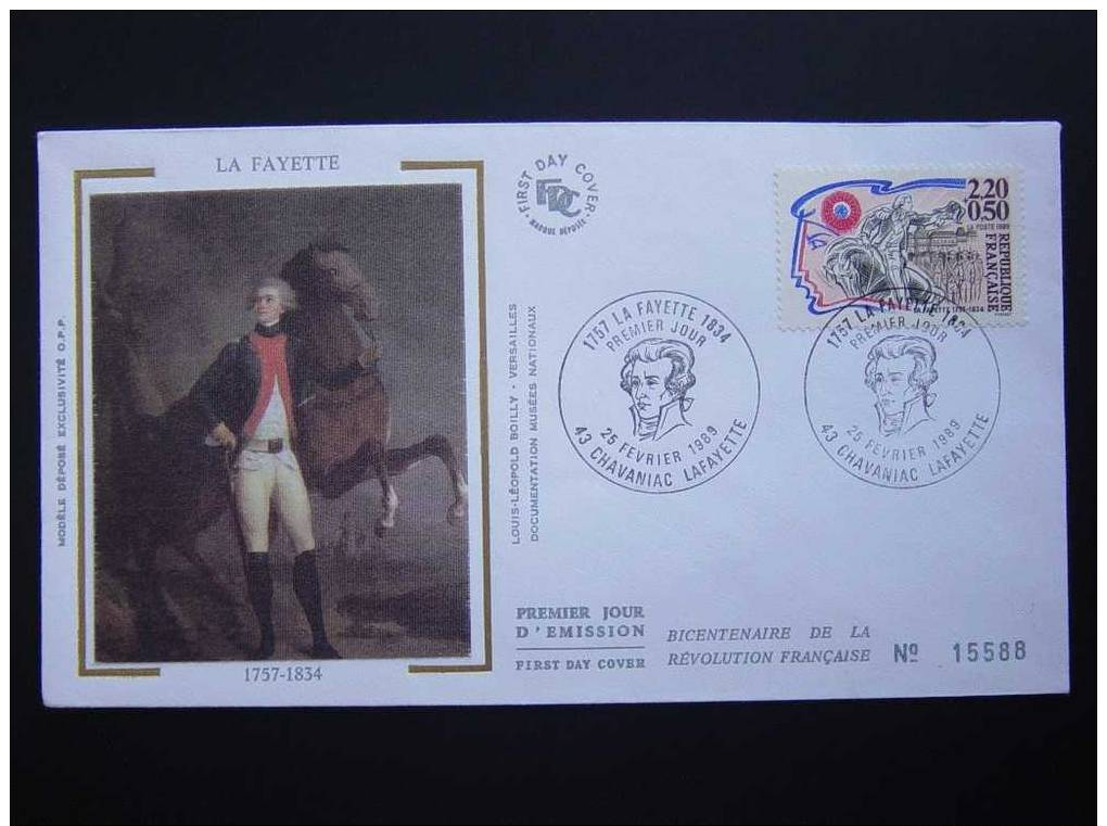 FDC-Bicentenaire De La Révolution Française Numéroté 15588-La Fayette  25.2.1989,Chavaniac (sur Soie ) - 1980-1989