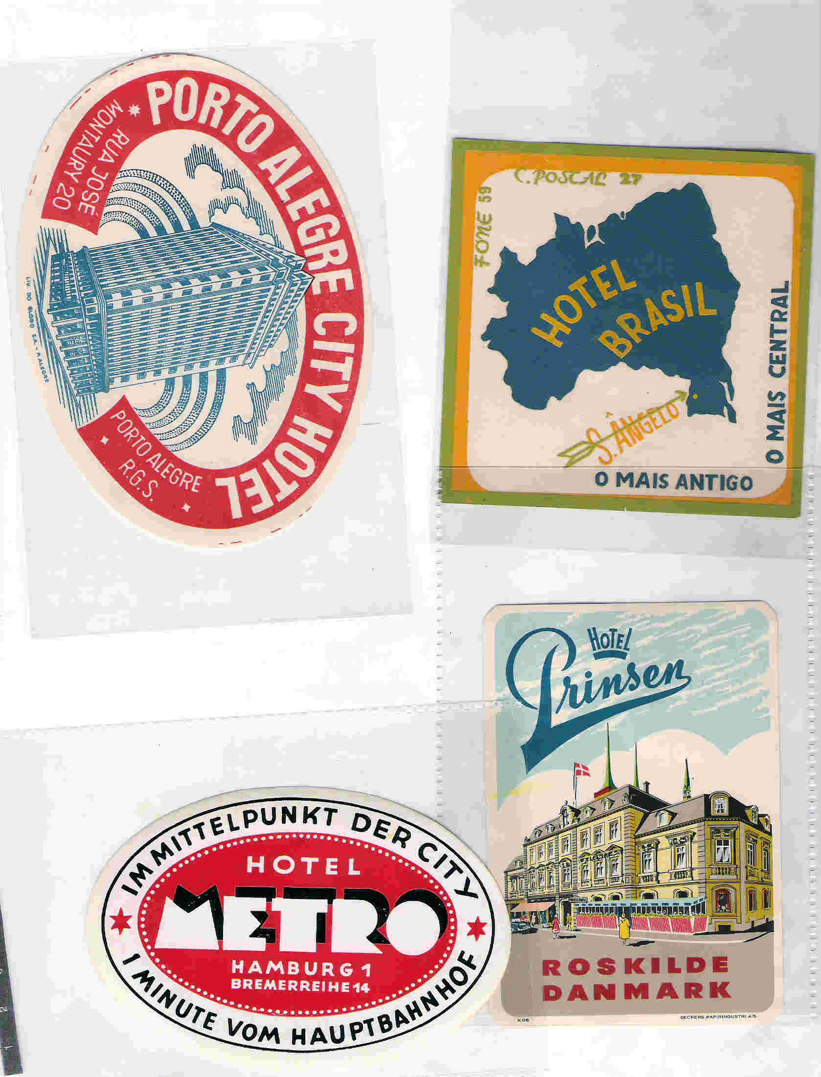 4 Hotel Labels - Etiquettes Luggage Bagage Kofferetiketten - Condition Beautiful - Hamburg Roskilde Brazil - Hotel Labels