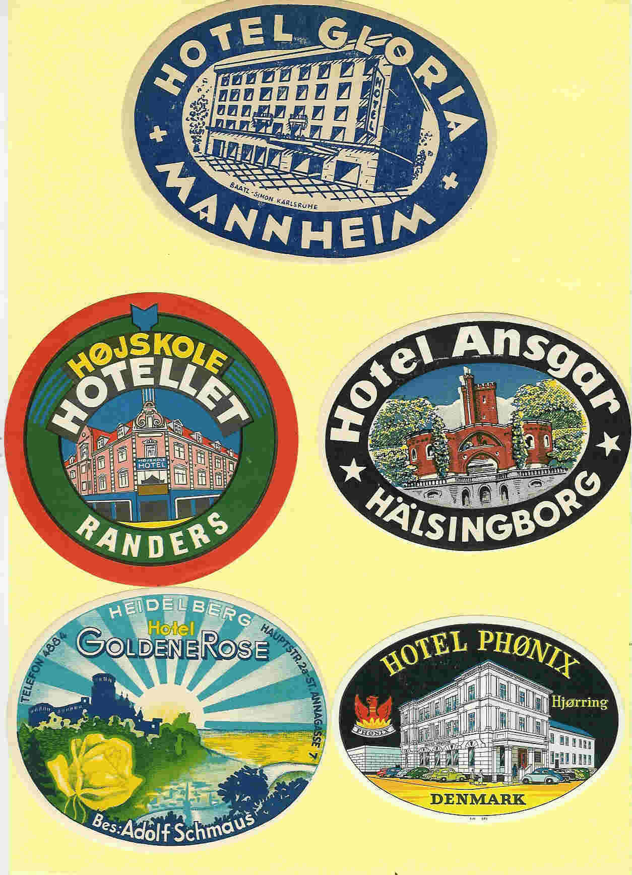 5 Hotel Labels - Condition Beautiful - Etiquettes Luggage Bagage Kofferetiketten DANMARK HALSINGBORG, MANNHEIM & - Etiquettes D'hotels