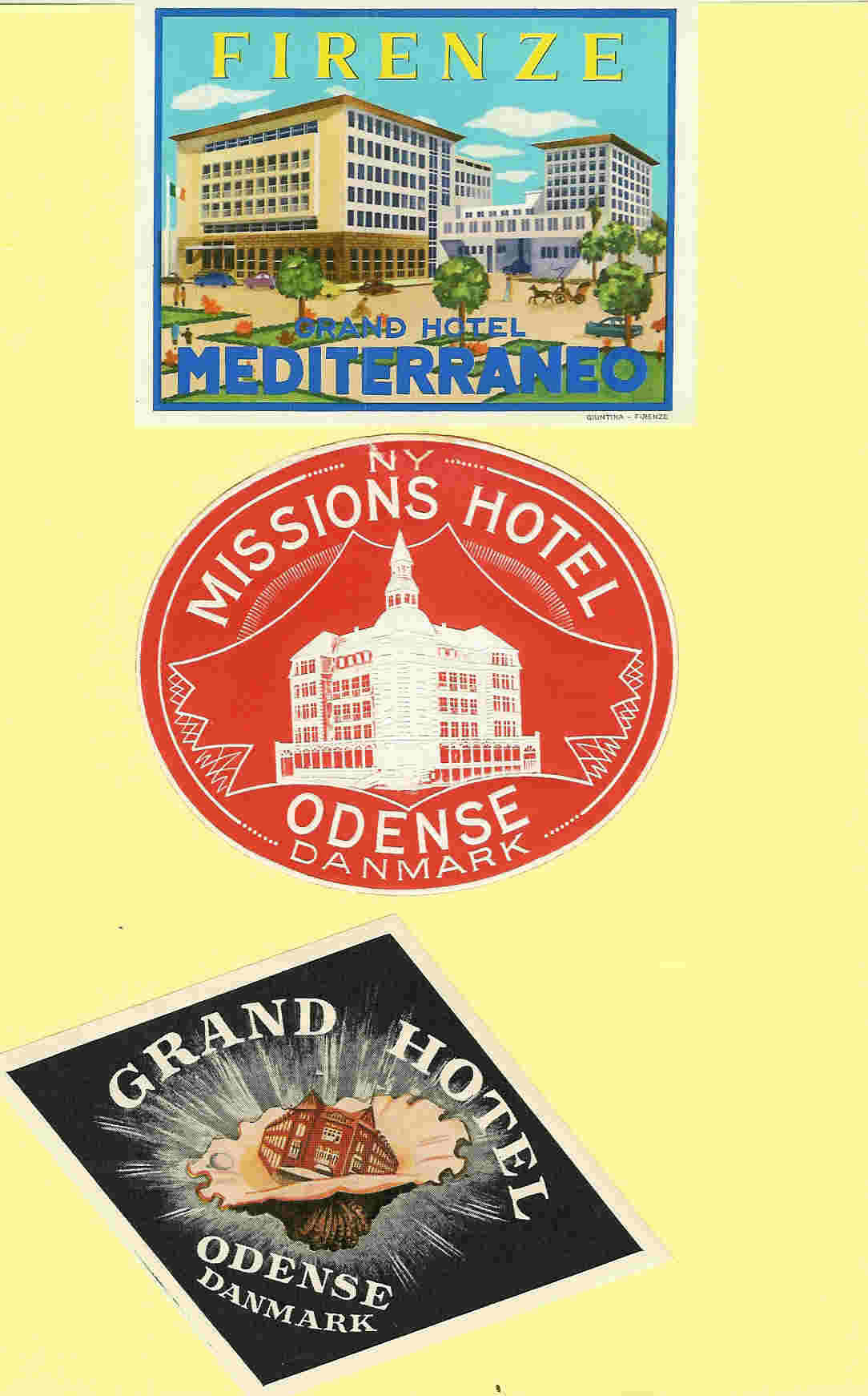 3 Hotel Labels -etiquettes Luggage Bagage Kofferetiketten  - Condition Beautiful, FIRENZE & Odense DANMARK - Etiquettes D'hotels