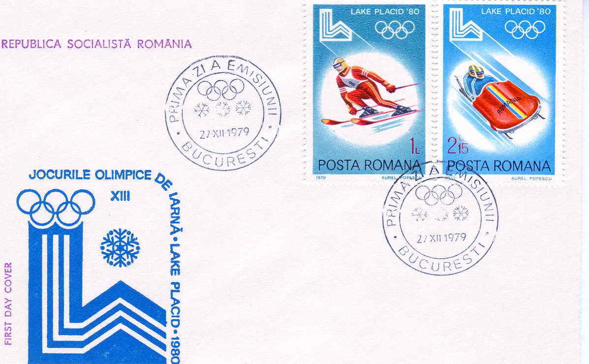 SKI FDC ROUMANIE JEUX OLYMPIQUES DE LAKE PLACID 1980 SKI ET BOBSLEIGH - Hiver