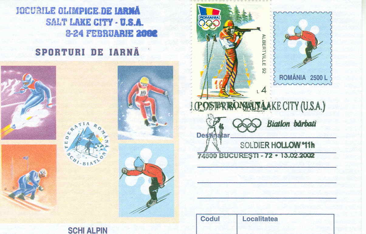 SKI ENTIER POSTAL ROUMANIE SKI DE FOND + OBLITERATION TEMPORAIRE JEUX OLYMPIQUES DE SALT LAKE CITY 2002 BIATHLON - Hiver 2002: Salt Lake City