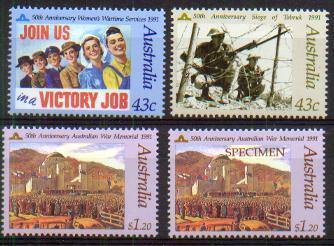 AUSTRALIA  -  1991 Women´s Wartime Service, Includes "Specimen" Overprint. Scott 1207-9. MNH - Nuovi