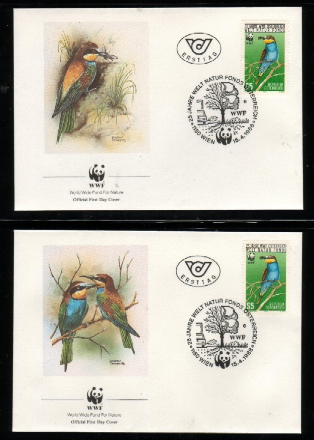 WWF 0064 1988 AUSTRIA BEE EATING BIRDS SET OF 2 FDCS - Abeilles