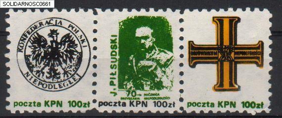 POLAND SOLIDARNOSC 70TH ANNIV OF INDEPENDENCE STRIP OF 3 (SOLID0661) - Solidarnosc Labels