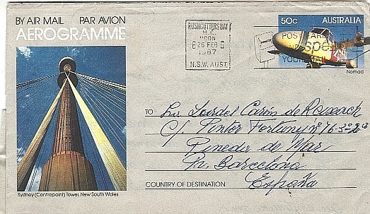 Aerograma AIR MAIL SYDNEY (Australia) 1987 A España - Lettres & Documents