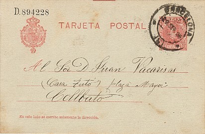 6568. Entero Postal Num 45 BARCELONA A Collbató 1906 - Storia Postale