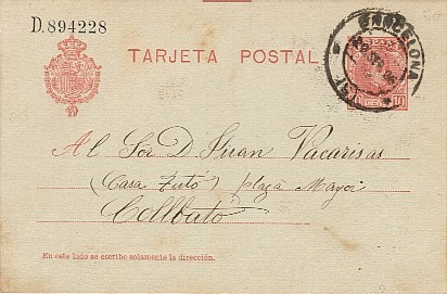 6568. Entero Postal Num 45 BARCELONA A Collbató 1906 - Cartas & Documentos