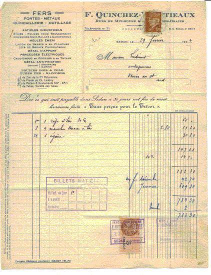 FRANCE Nº 515 Obl.S/Facture Entiere Avec Timbre Fiscal - 1941-42 Pétain