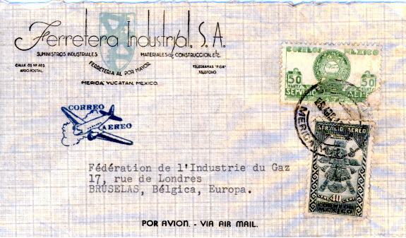 MEXIQUE - Lettre De Merida Vers Bruxelles - Timbres Y.&T. PA 65/6  (le 66 A Un Coin Abîmé) - Indianen