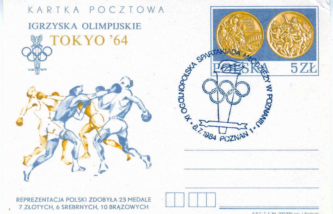 BOXE ENTIER POSTAL POLOGNE MEDAILLES POLONAISES AUX JEUX OLYMPIQUES DE 1964 TOKYO+ OBLITERATION 1984  JEUX LOS ANGELES - Boxing