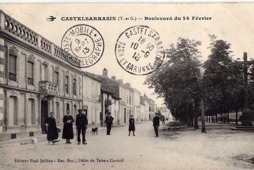 82 CASTELSARRASIN Boulevard Du 24 Février, Animée 1913 + Cachet "Poste Mobile Télégraphe" - Castelsarrasin