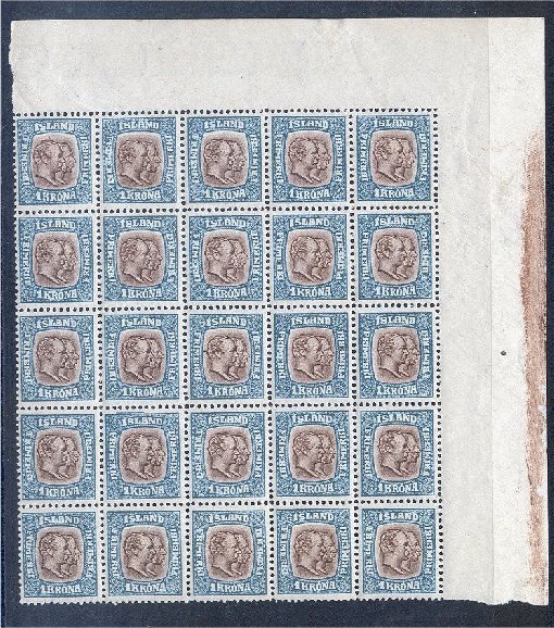 ICELAND 1 Krona "2 Kings" From 1907, PANE OF 25 WITH RARE VARIETY NEVER HINGED **! - Other & Unclassified