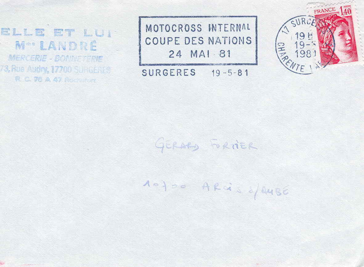 MOTO OBLITERATION TEMPORAIRE FRANCE  1981 SURGERES COUPE DES NATIONS - Moto