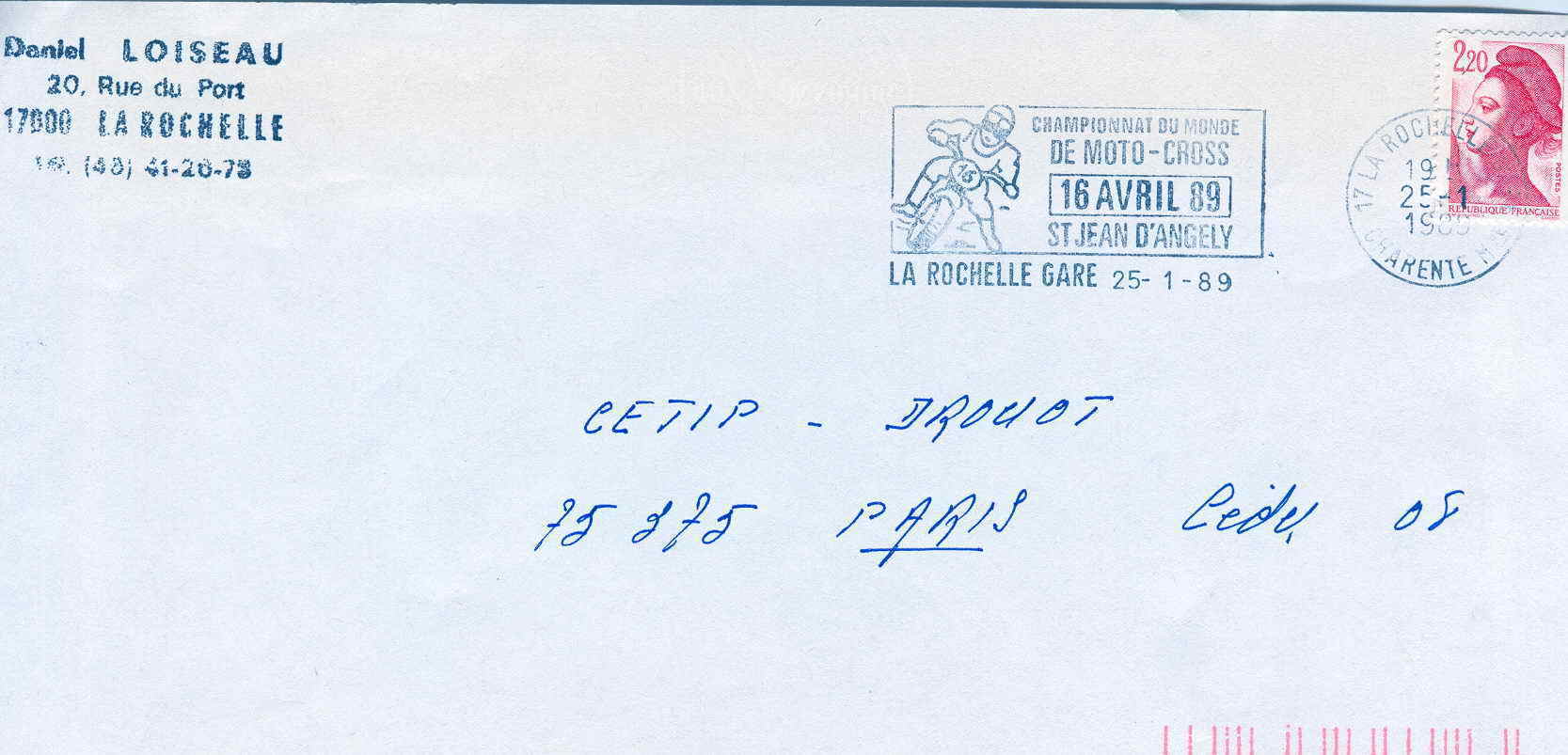 MOTO OBLITERATION TEMPORAIRE FRANCE  LA ROCHELLE CHAMPIONNATS DU MONDE DE MOTO CROSS 1989 - Moto