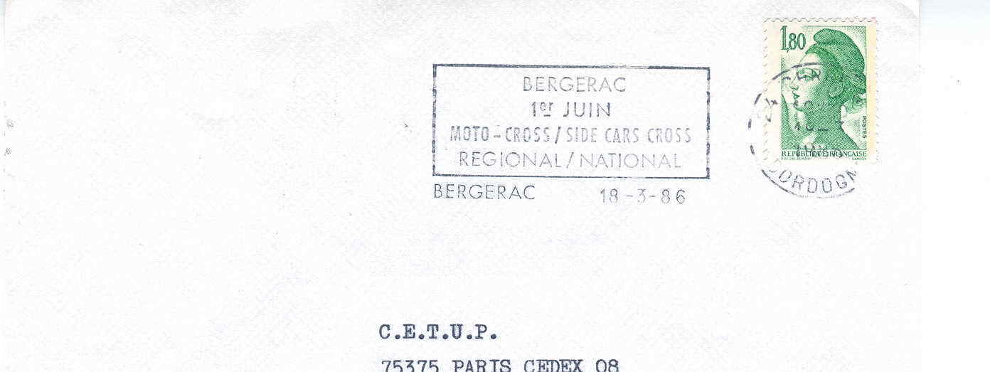 MOTO OBLITERATION TEMPORAIRE FRANCE 1986  BERGERAC MOTOCROSS ET SIDE CROSS NATIONAL ET REGIONNAL - Motorräder
