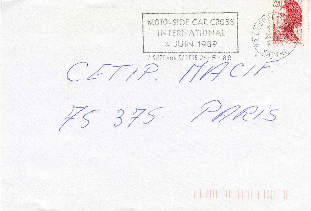 MOTO OBLITERATION TEMPORAIRE FRANCE  LA SUZE SUR SARTHE MOTO SIDE CROSS INTERNATIONAL 1989 - Motos