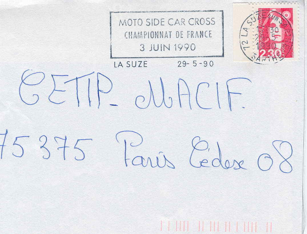 MOTO OBLITERATION TEMPORAIRE FRANCE  LA SUZE SUR SARTHE MOTO SIDE CROSS INTERNATIONAL 1989 - Motorfietsen