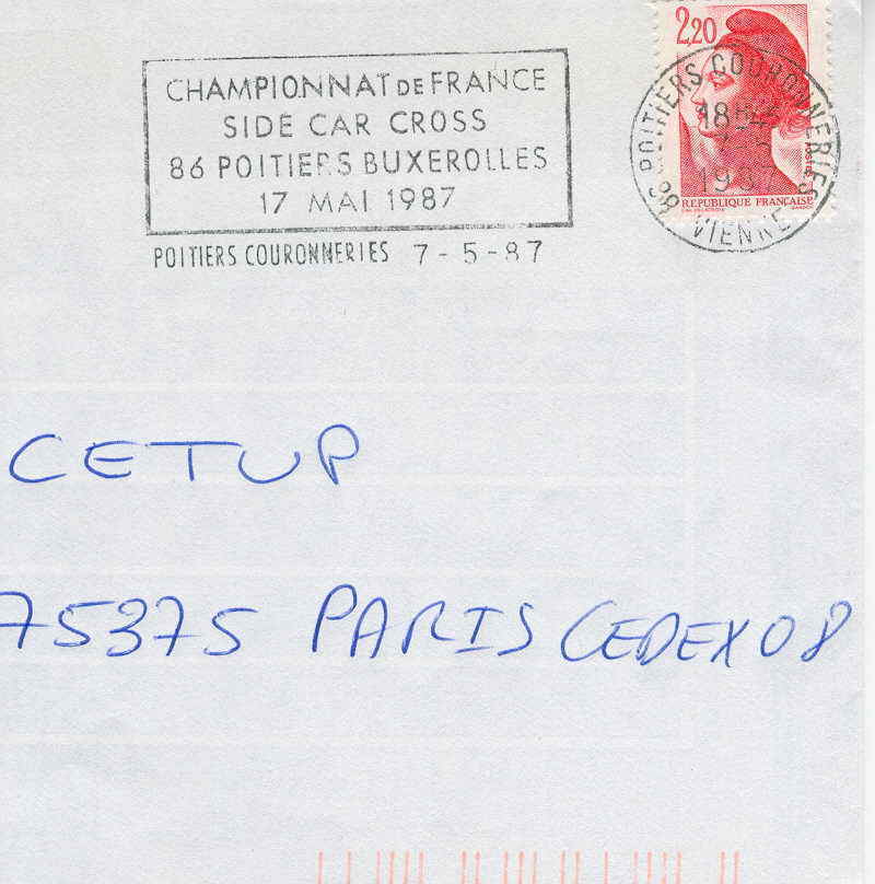 MOTO OBLITERATION TEMPORAIRE FRANCE POITIERS CHAMPIONNATS DE FRANCE DE SIDE CAR CROSS 1987 - Moto