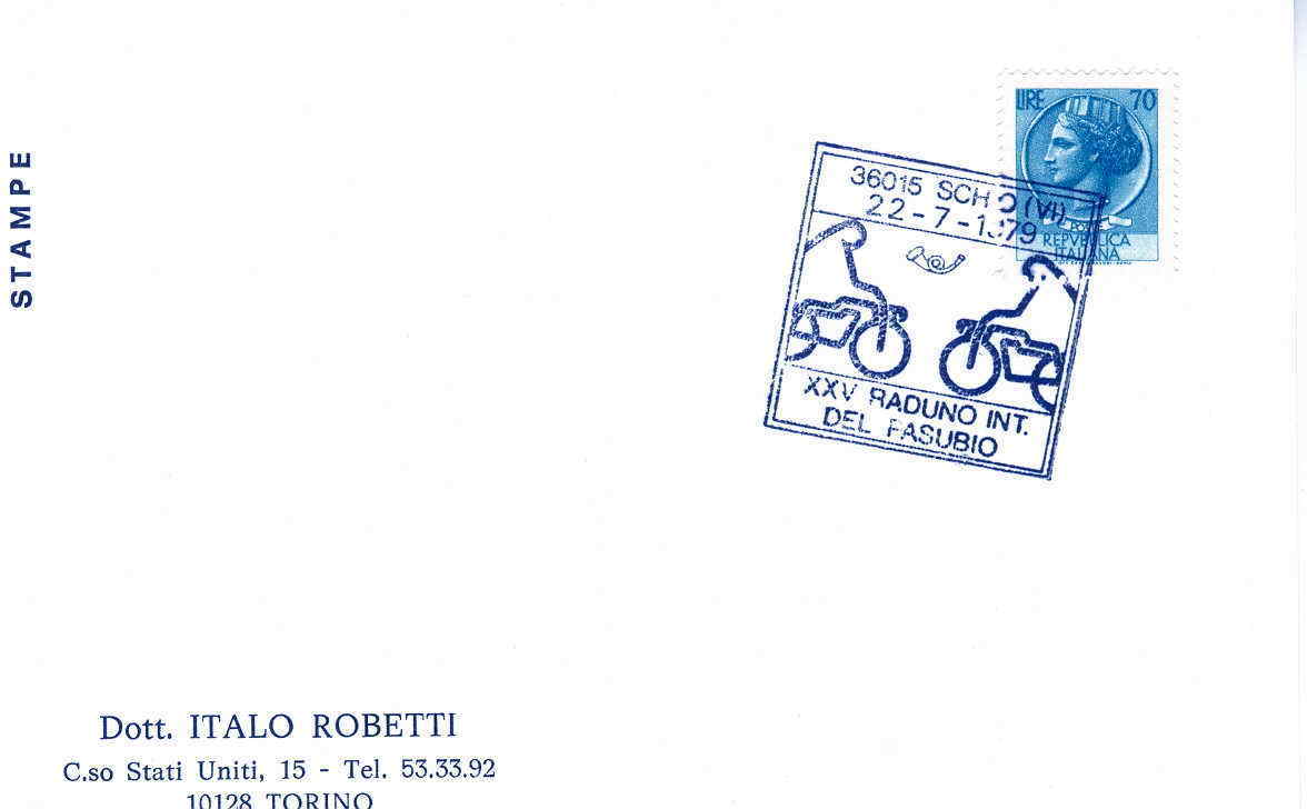 MOTO OBLITERATION TEMPORAIRE ITALIE  SCHO RONDE DU FABUSIO 1979 - Motorfietsen
