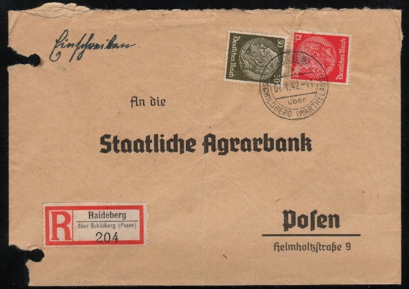 GERMANY 3RD REICH 1942 WW2 REGISTERED LETTER FROM HAIDEBURG TO POSEN POSNAN POLAND HAIDEBURG SCHILDBERG (WARTHELAND) CDS - General Government