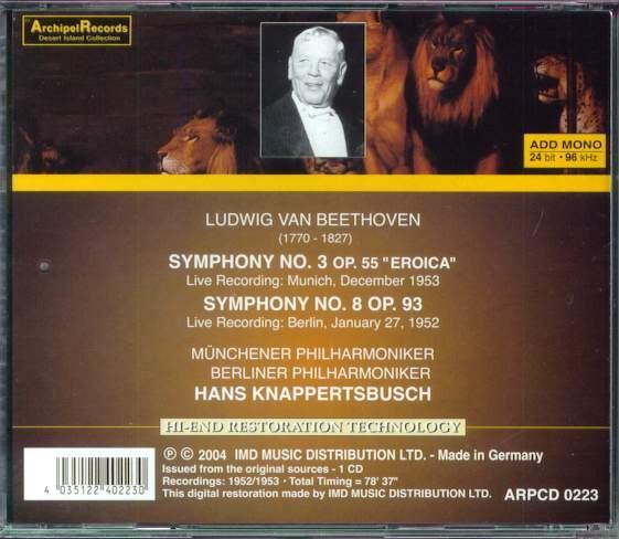 CD Audio Hans KNAPPERTSBUSCH : Ludwig Van Beethoven Symphonie N°3 Op. 55 (EROICA) Et N°8 Op. 93 - Classica