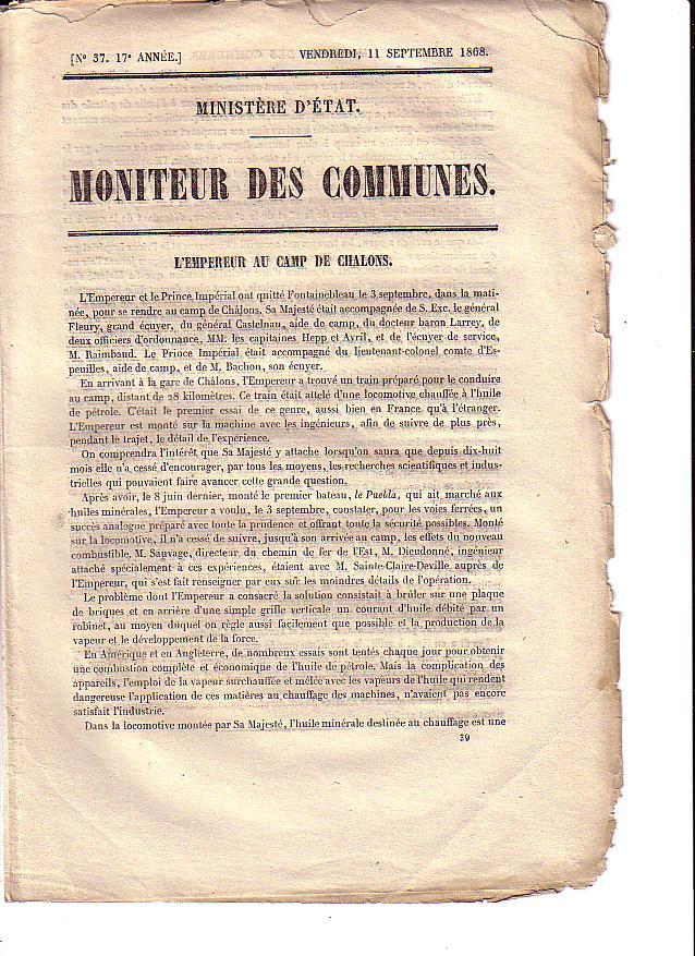 Moniteur Des Communes.(NAPOLEON) N°37 Septembre 1868.Nouvelles Diverses - Documents Historiques