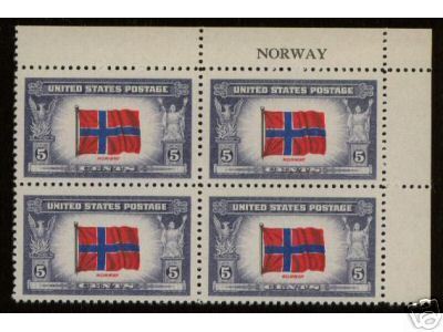 US Stamps #911 Flag Of Norway Mint VF-NH Inscription Block. - Francobolli