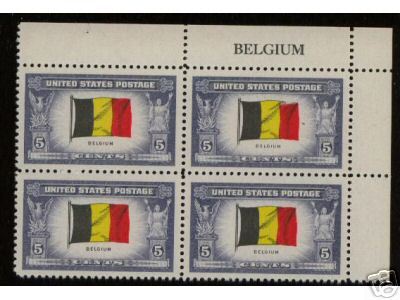 US Stamps #914 Flag Of Belgium Mint VF-NH Inscription Block - Francobolli
