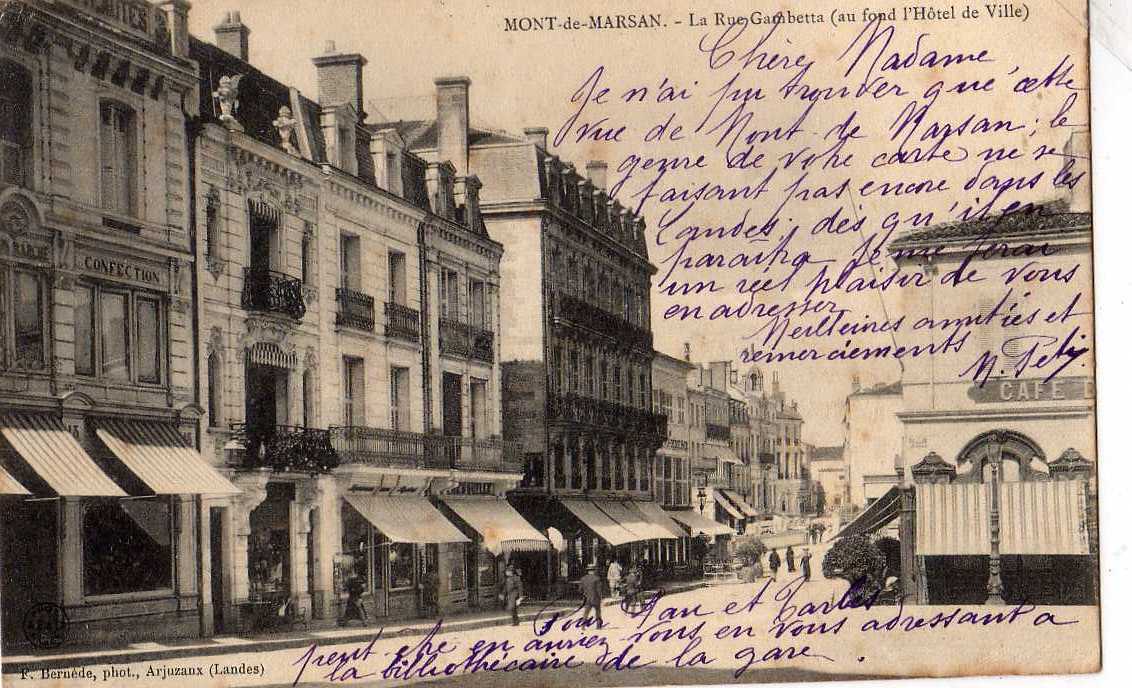 40 MONT DE MARSAN Rue Gambetta, Vers Hotel De Ville, Animée, Commerces, Ed Bernède, 1905 Dos 1900 - Mont De Marsan