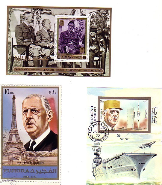CHARLES DE GAULLE FRANCE IDEAL THEMATIQUE 3 BLOCS DE SHARJAH/FUJEIRHA/AJMAN LOT 2 - De Gaulle (Général)