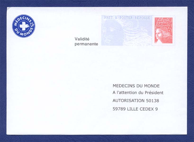 PAP Réponse Neuf. Médecins Du Monde. Autorisation 50138. Logo Bleu. Validité Permanente. - Listos Para Enviar: Respuesta /Luquet