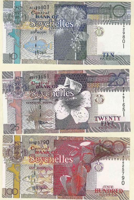Seychelles: 3 Billetes, 10+25+100 Rupies, UNC - Andere - Afrika