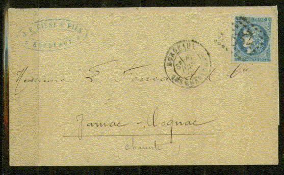 FRANCE Nº 46 H Obl. S/ Lettre Entiere Bleu Terne - 1870 Ausgabe Bordeaux