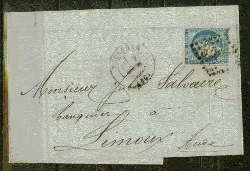 FRANCE Nº 46  Obl. S/ Lettre Entiere Bleu Terne - 1870 Ausgabe Bordeaux