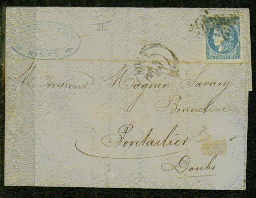 FRANCE Nº 46  Obl. S/ Lettre Entiere - 1870 Bordeaux Printing