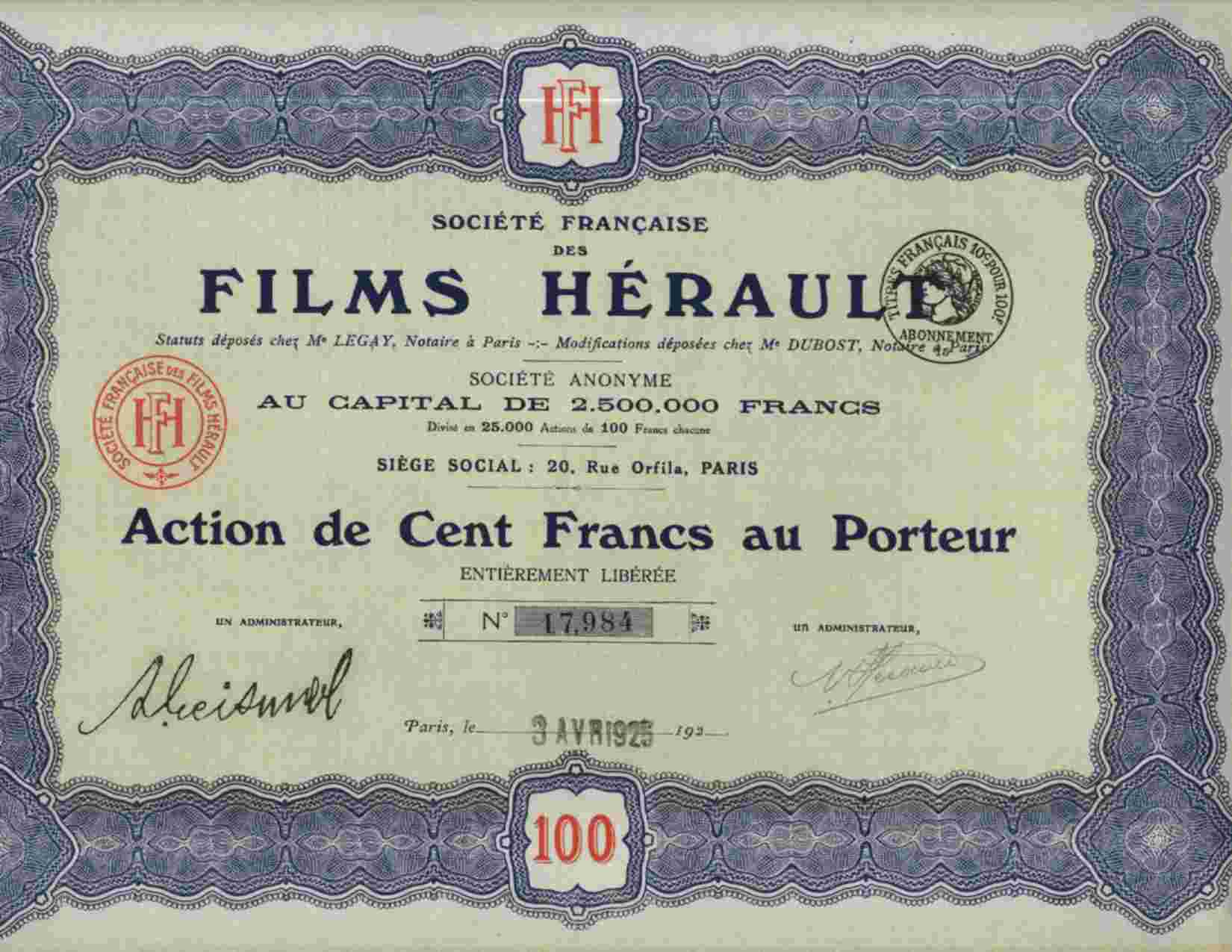 STE FCE DES FILMS HERAULT - Autres & Non Classés