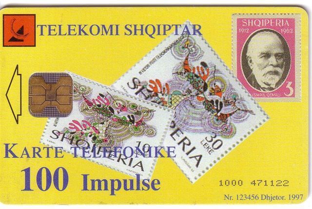 ALBANIA - Albanien - Stamps On Card - Old Issue - Yellow Card ( Old Telephone On Back Side ) - Albanien