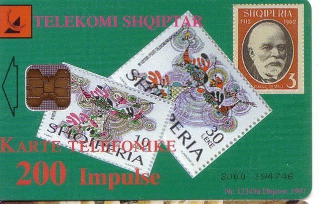 ALBANIA - Albanien - Stamps On Card - Old Issue - Green Card 200.units ( Old Telephone On Back Side ) - Albanien