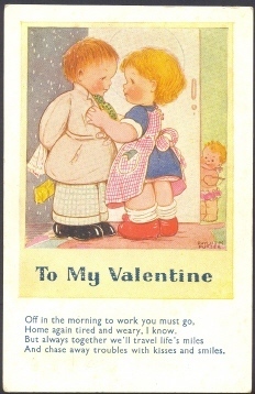 Valentine Greeting: Cute Kid Couple With Cupid Behind Door: Artist Signed Phyllis M. Purser - Valentijnsdag