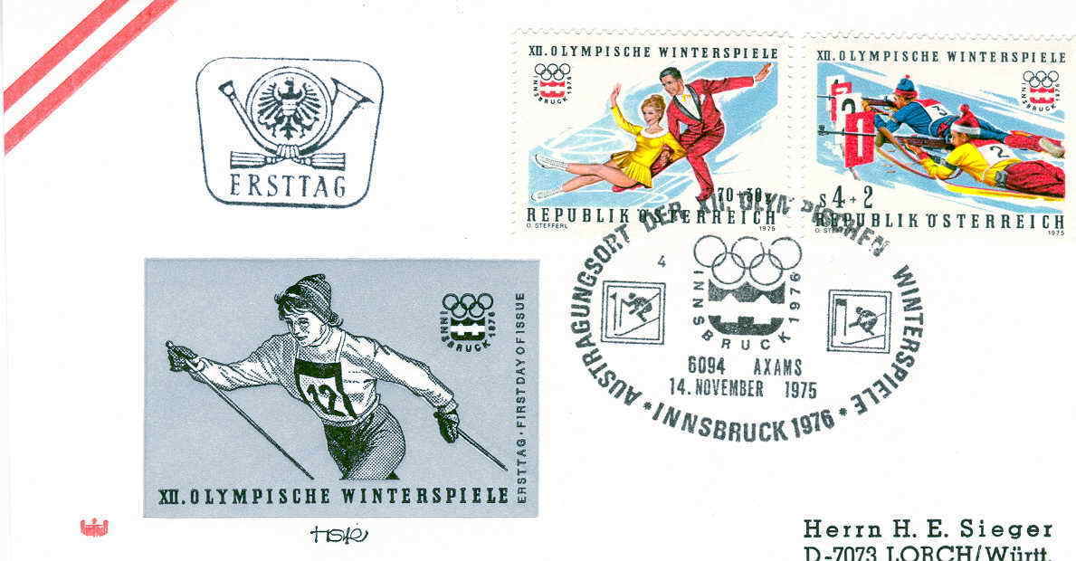 PATINAGE ARTISTIQUE+ BIATHLON OBLITERATION TEMPORAIRE 1976 JEUX OLYMPIQUES DE INNSBRUCK - Inverno1976: Innsbruck