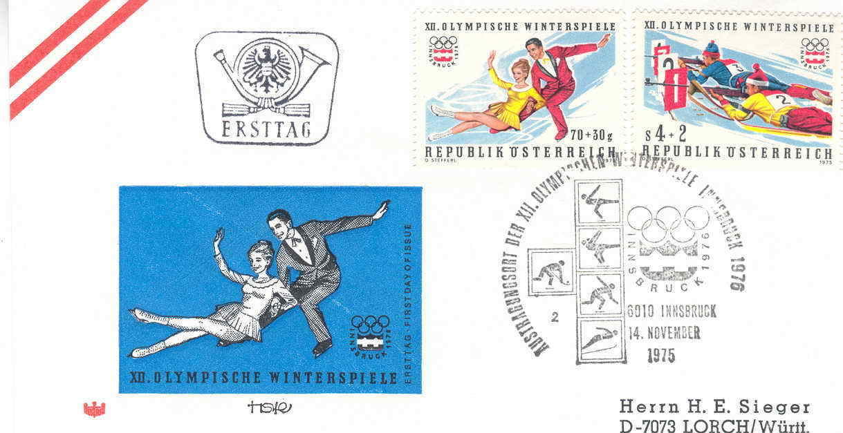 PATINAGE ARTISTIQUE+ BIATHLON OBLITERATION TEMPORAIRE 1976 JEUX OLYMPIQUES DE INNSBRUCK - Hiver 1976: Innsbruck