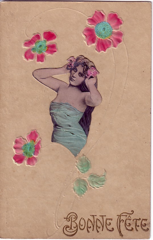 Art Nouveau Gaufrée : Femme-Fleur ROSES SIMPLES En Relief, Buste Découpé Et Collé - Women