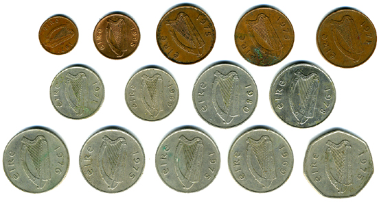 Irlande : Lot De 14 Pièces De 1/2, 1, 2, 5, 10 Et 50 Pences (entre 1969 Et 1985). - Irlande