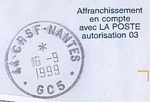 OBLITERATION FRANCHISE POSTALE CACHET 44 CRSF NANTES GC5 16/09/99 - Civil Frank Covers