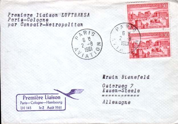 Lot 200: 1ére Liaison Lufthansa Paris-Cologne-Hambourg Par Convair-Metropolitan Du 02.08.1961 - First Flight Covers